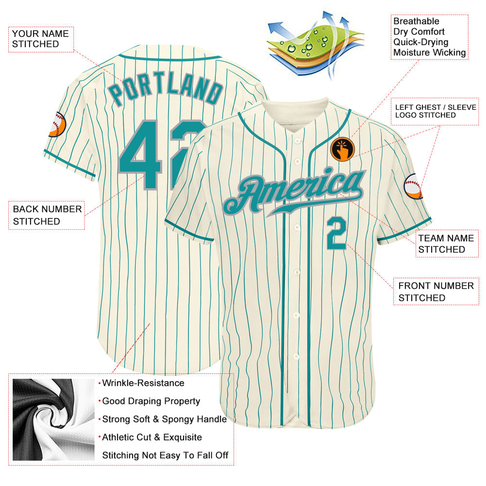 Custom Cream Teal Pinstripe Teal-Gray Authentic Baseball Jersey