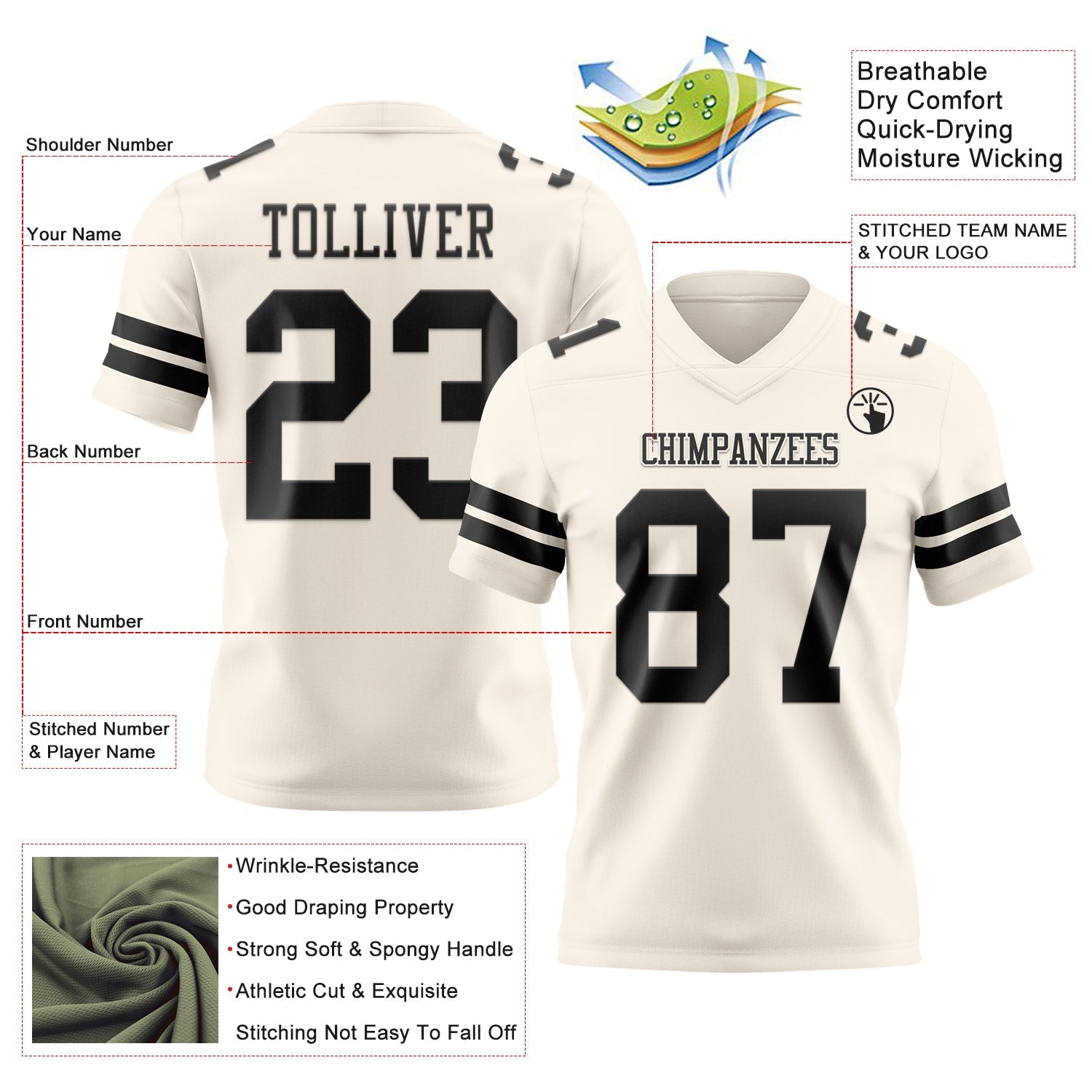 Custom Cream Black Authentic Football Jersey