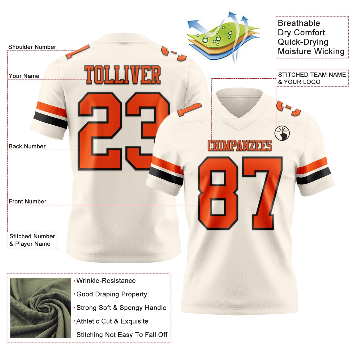 Custom Cream Orange-Black Authentic Football Jersey