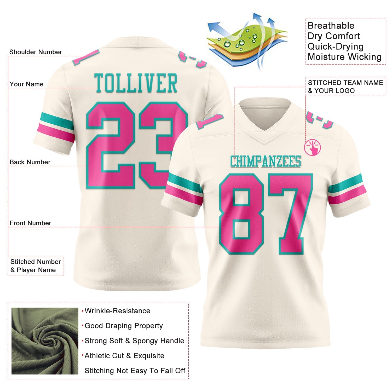 Custom Cream Pink-Aqua Authentic Football Jersey
