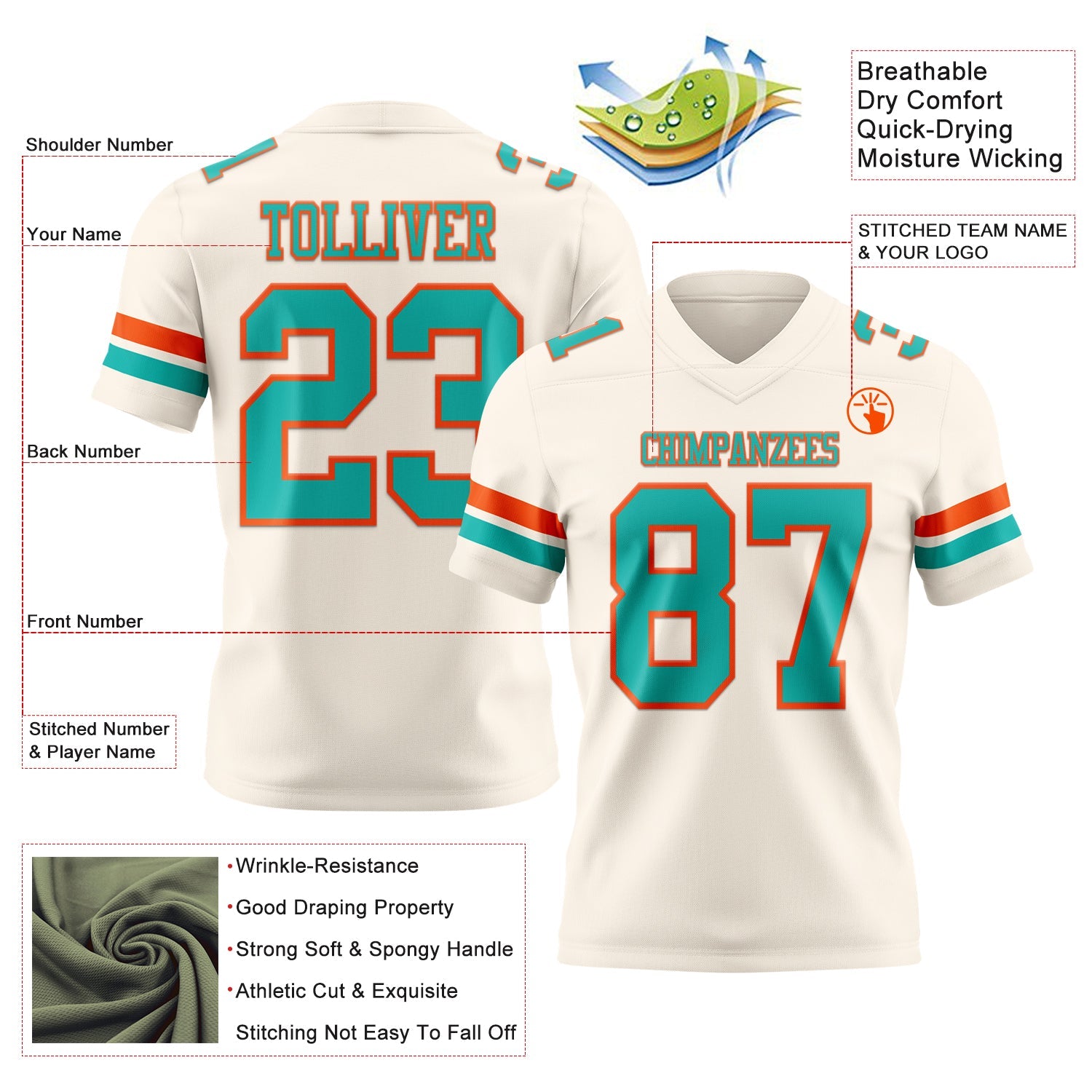 Custom Cream Aqua-Orange Authentic Football Jersey