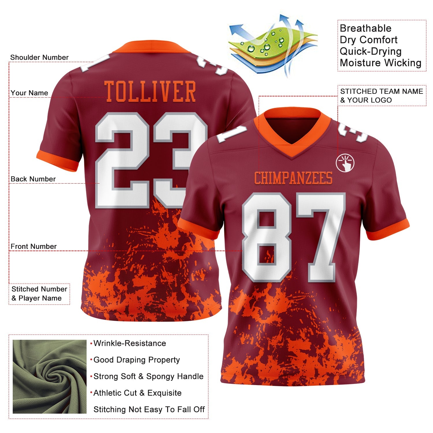 Custom Crimson White Orange-Gray 3D Pattern Splash Authentic Football Jersey