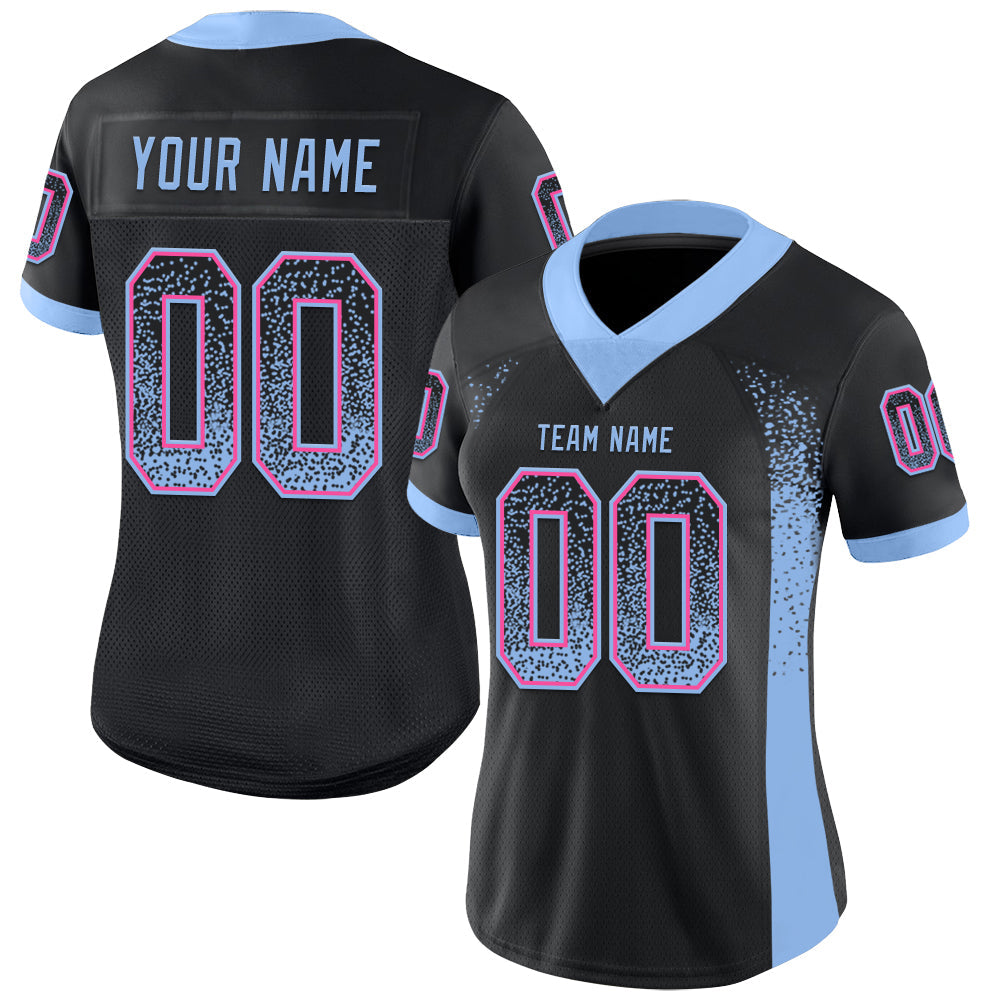 Custom Black Light Blue-Pink Drift Fashion Football Jersey