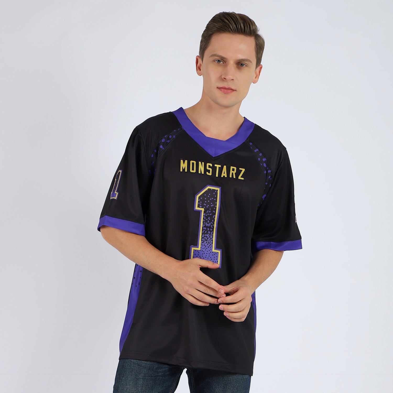 Custom Black Purple-Old Gold Drift Fashion Football Jersey