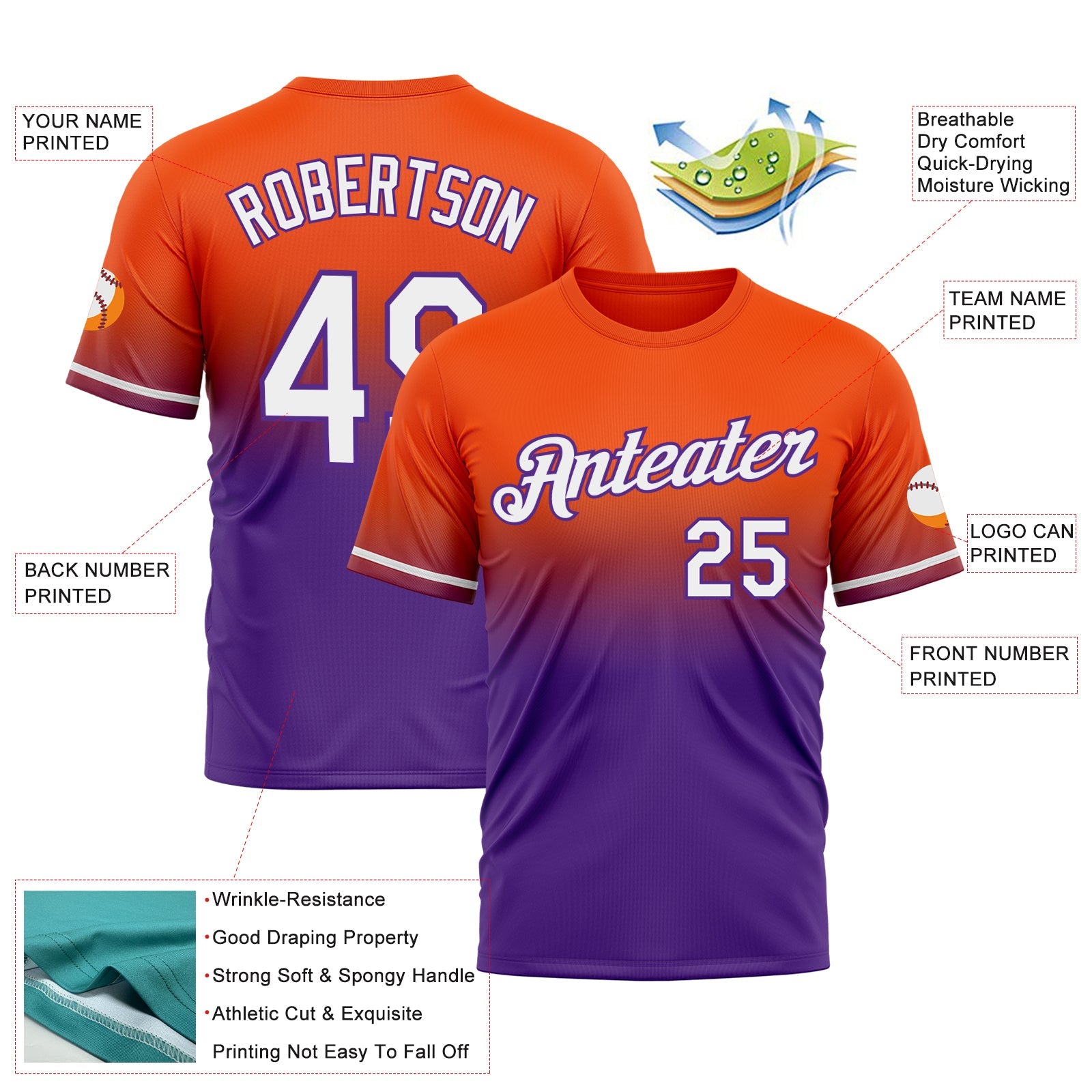 Custom Orange White-Purple Fade Fashion Performance T-Shirt