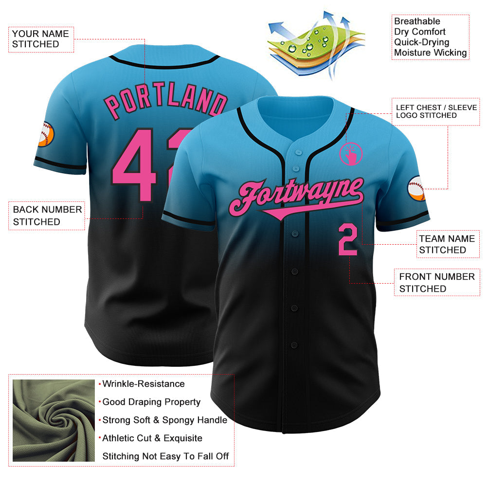 Custom Sky Blue Pink-Black Authentic Fade Fashion Baseball Jersey