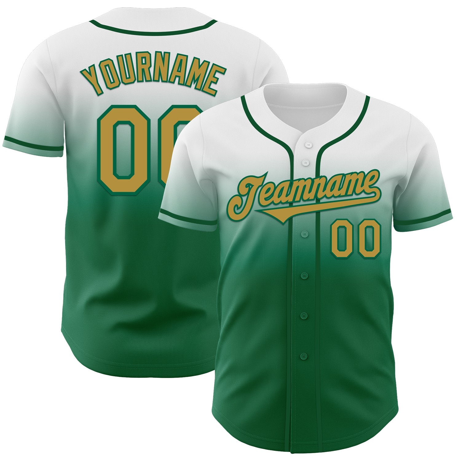 Custom White Old Gold-Kelly Green Authentic Fade Fashion Baseball Jersey