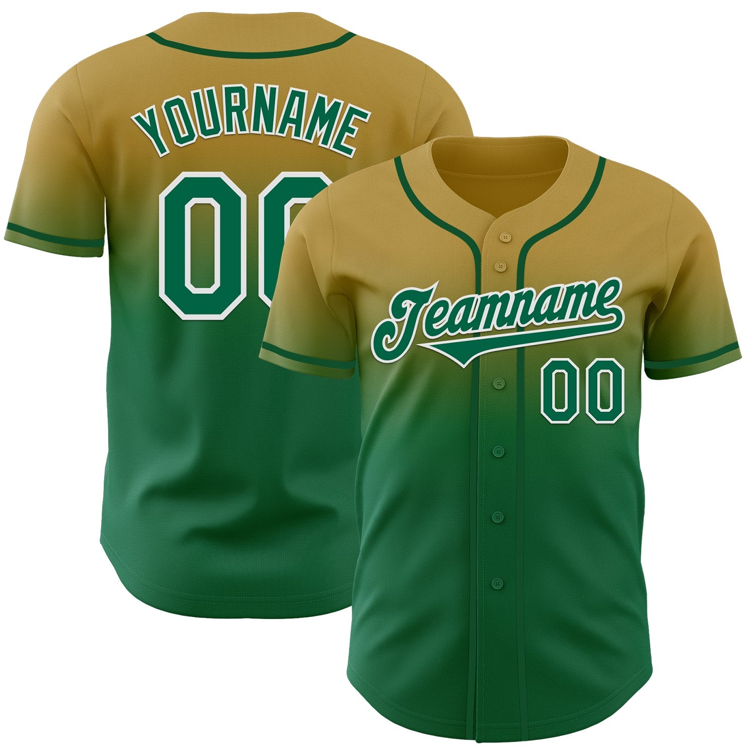 Custom Old Gold Kelly Green-White Authentic Fade Fashion Baseball Jersey