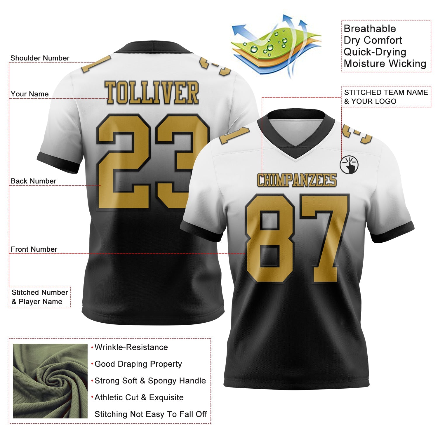 Custom White Old Gold-Black Authentic Fade Fashion Football Jersey