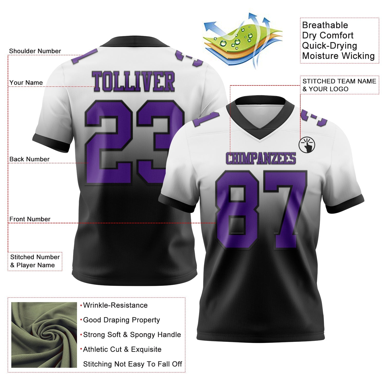 Custom White Purple-Black Authentic Fade Fashion Football Jersey