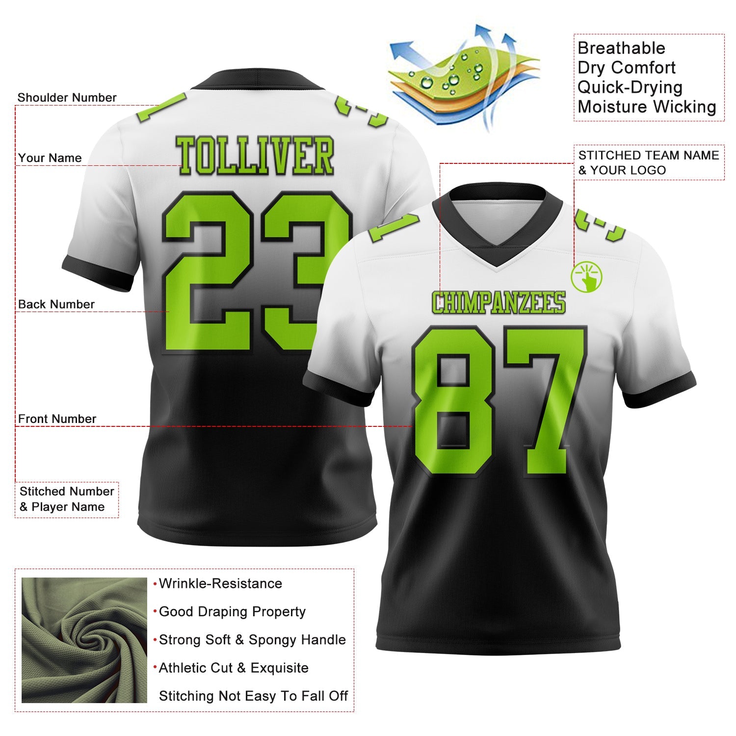 Custom White Neon Green-Black Authentic Fade Fashion Football Jersey