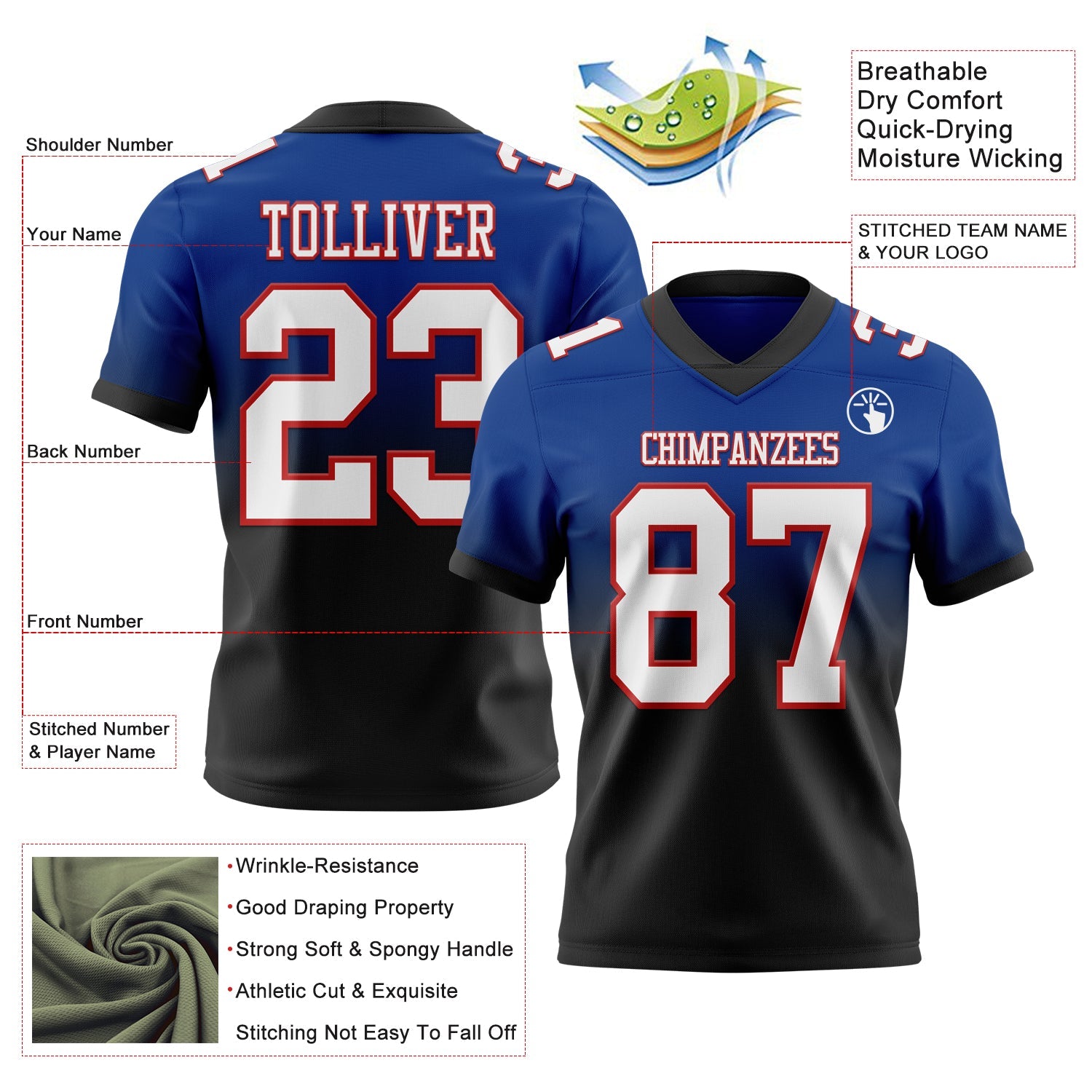 Custom Royal White Black-Red Authentic Fade Fashion Football Jersey
