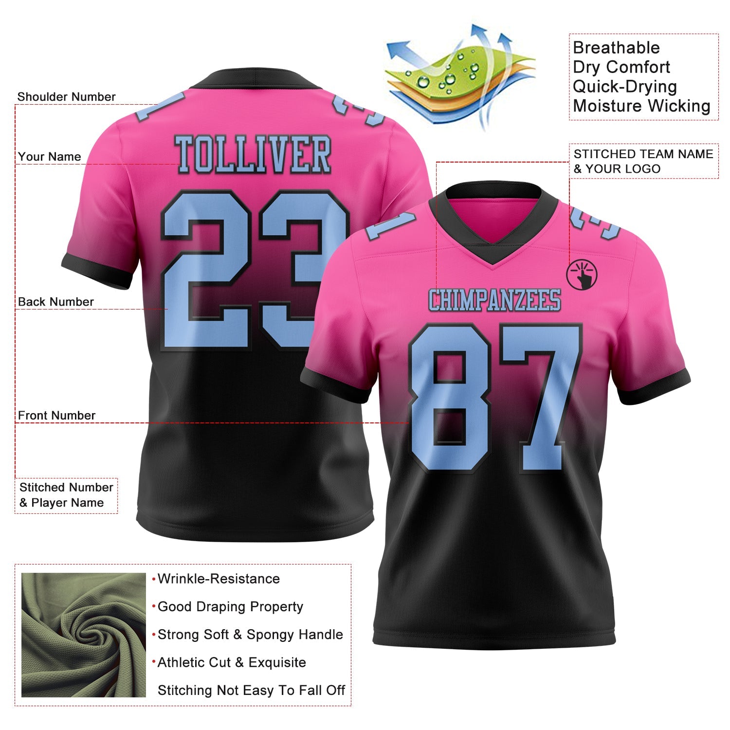 Custom Pink Light Blue-Black Authentic Fade Fashion Football Jersey