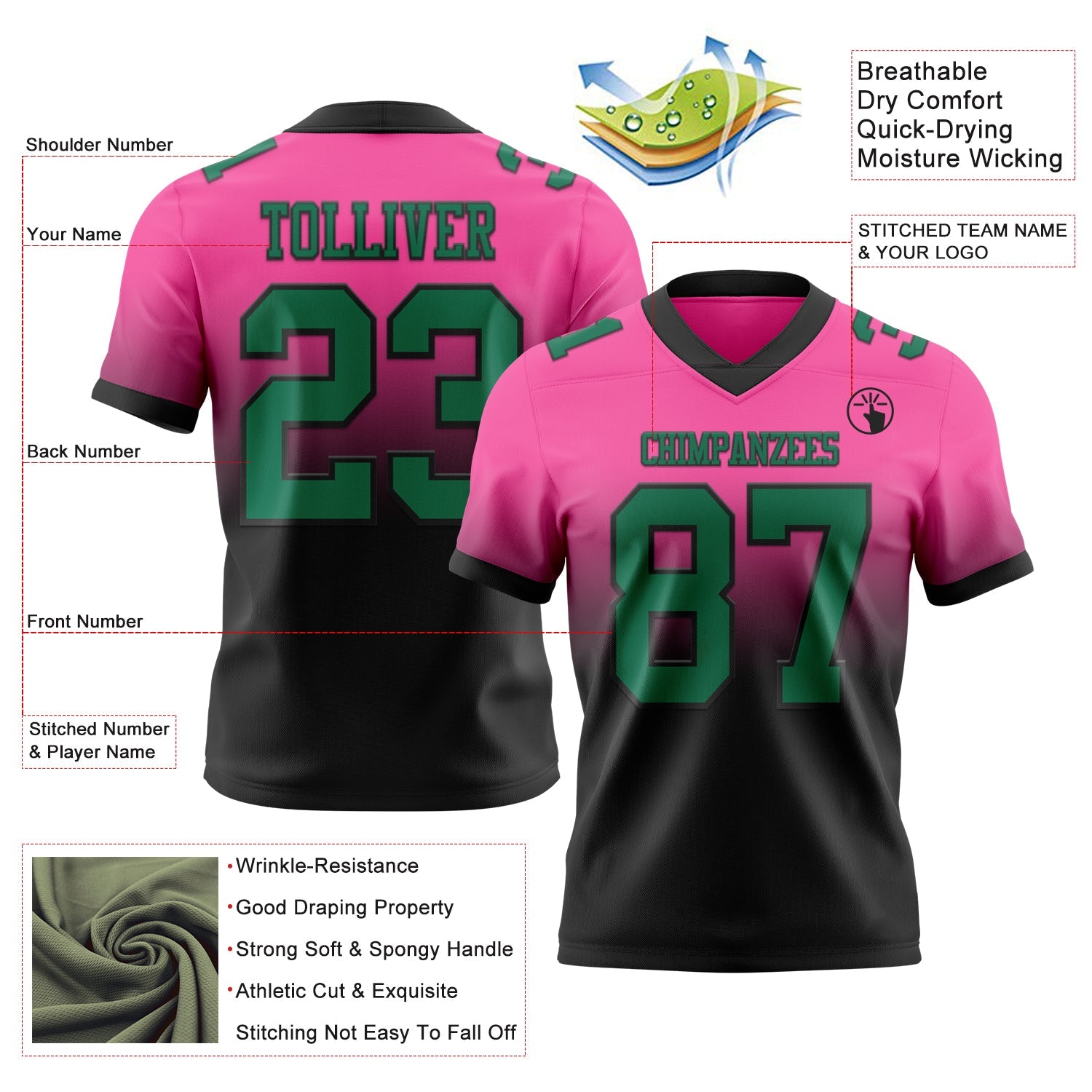 Custom Pink Kelly Green-Black Authentic Fade Fashion Football Jersey