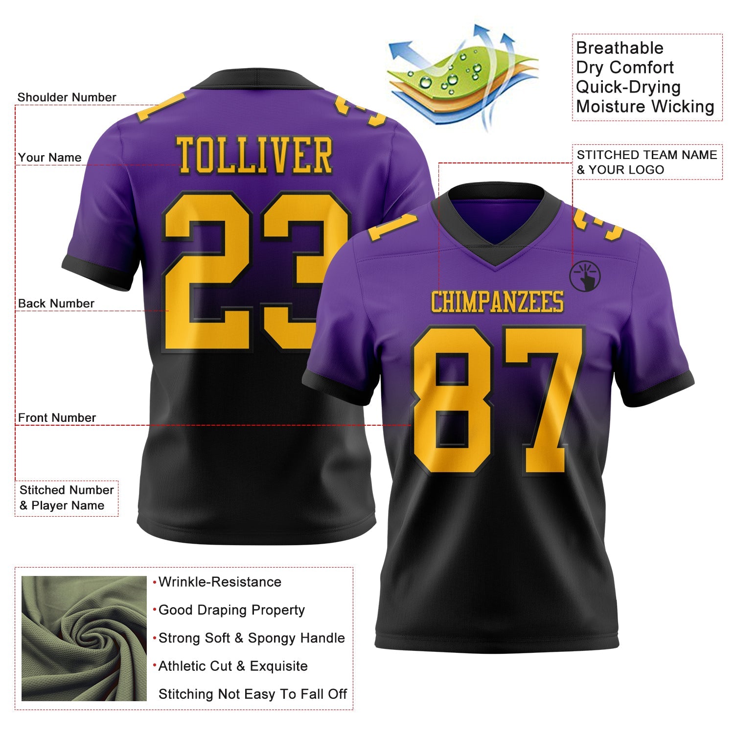 Custom Purple Gold-Black Authentic Fade Fashion Football Jersey