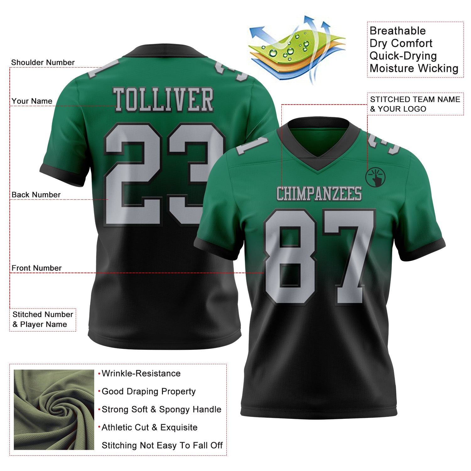 Custom Kelly Green Gray-Black Authentic Fade Fashion Football Jersey