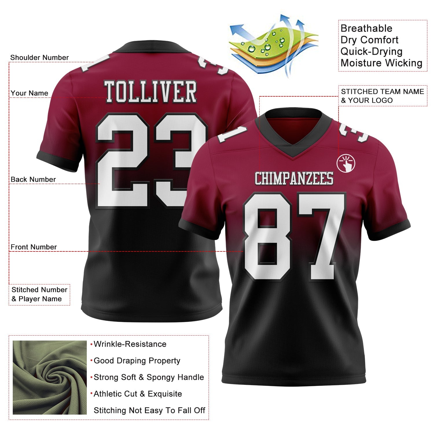 Custom Maroon White-Black Authentic Fade Fashion Football Jersey