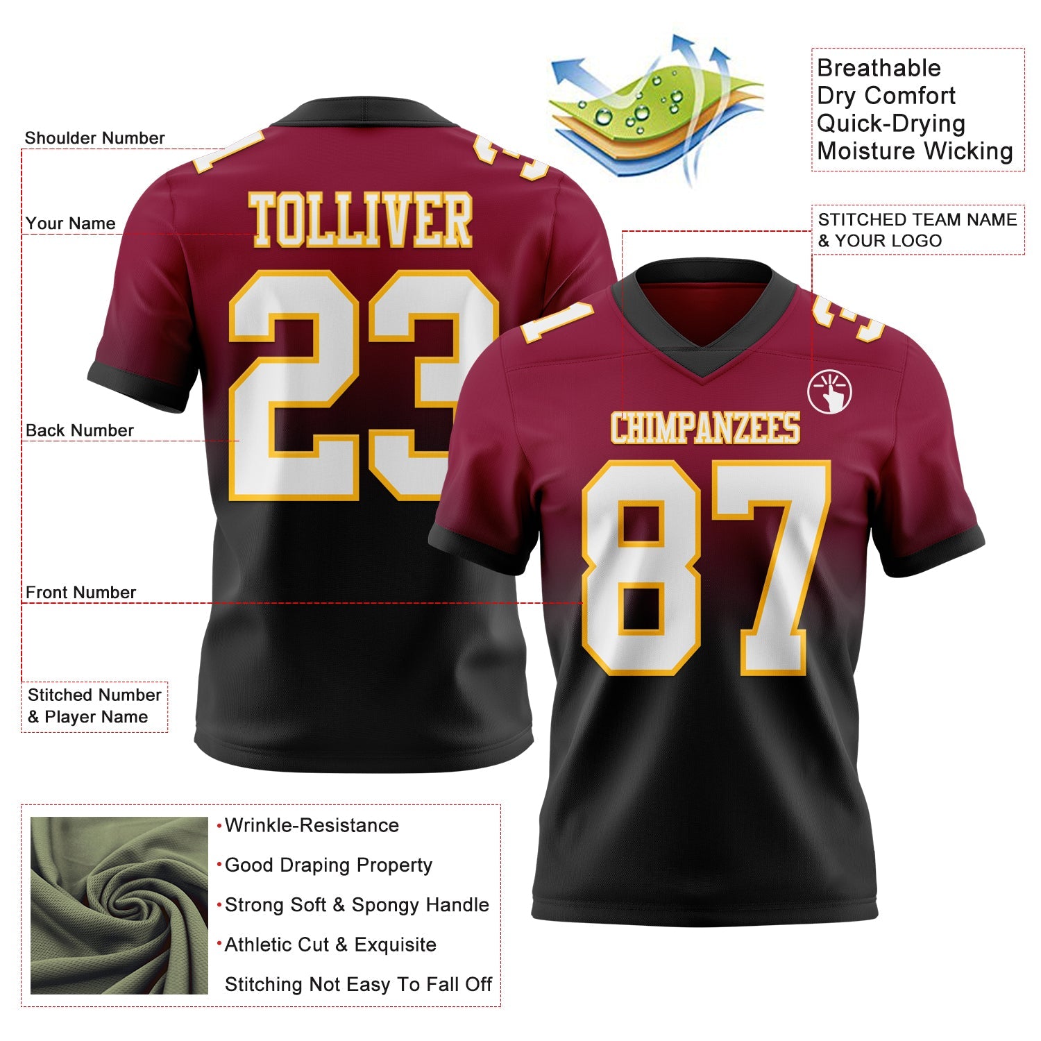 Custom Maroon White Black-Gold Authentic Fade Fashion Football Jersey