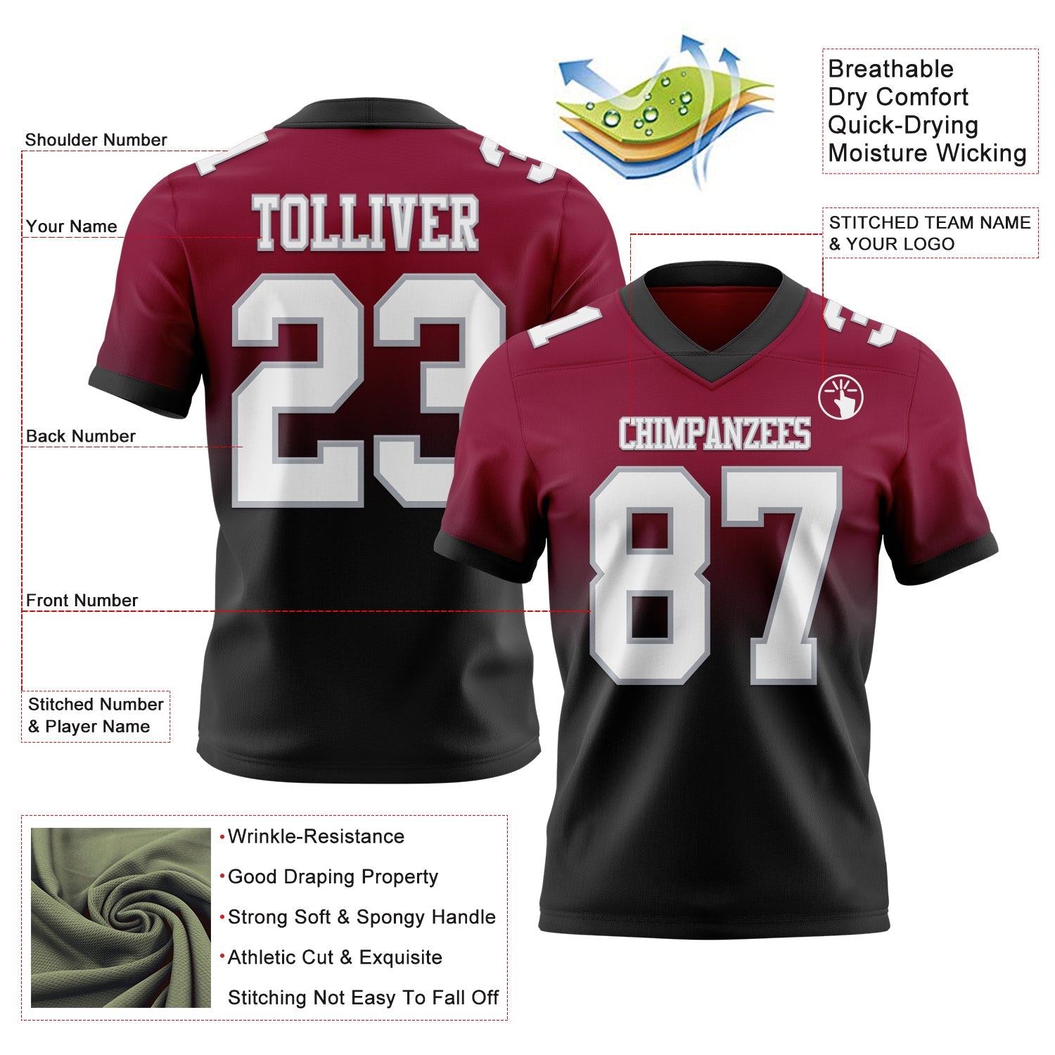 Custom Maroon White Black-Gray Authentic Fade Fashion Football Jersey