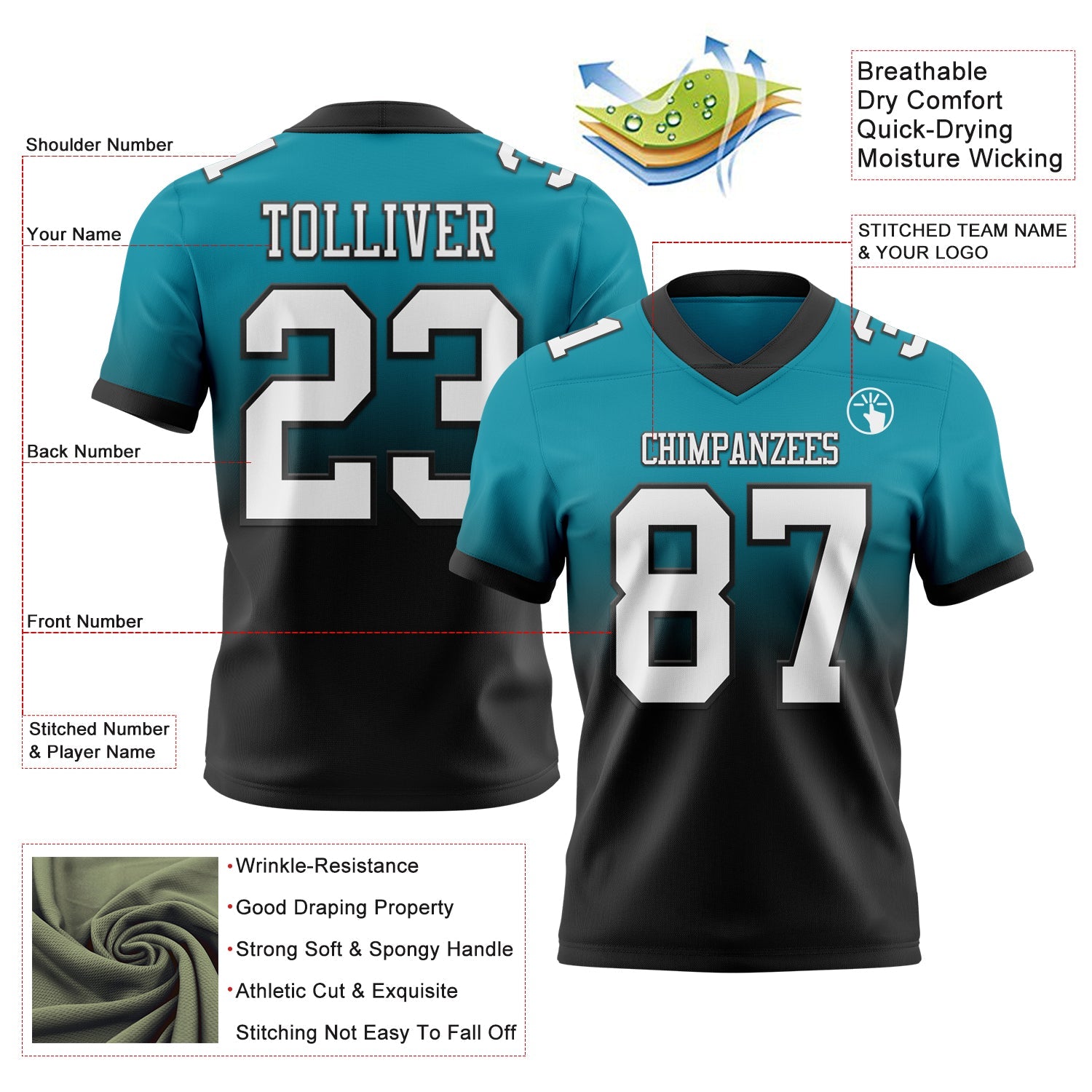 Custom Teal White-Black Authentic Fade Fashion Football Jersey
