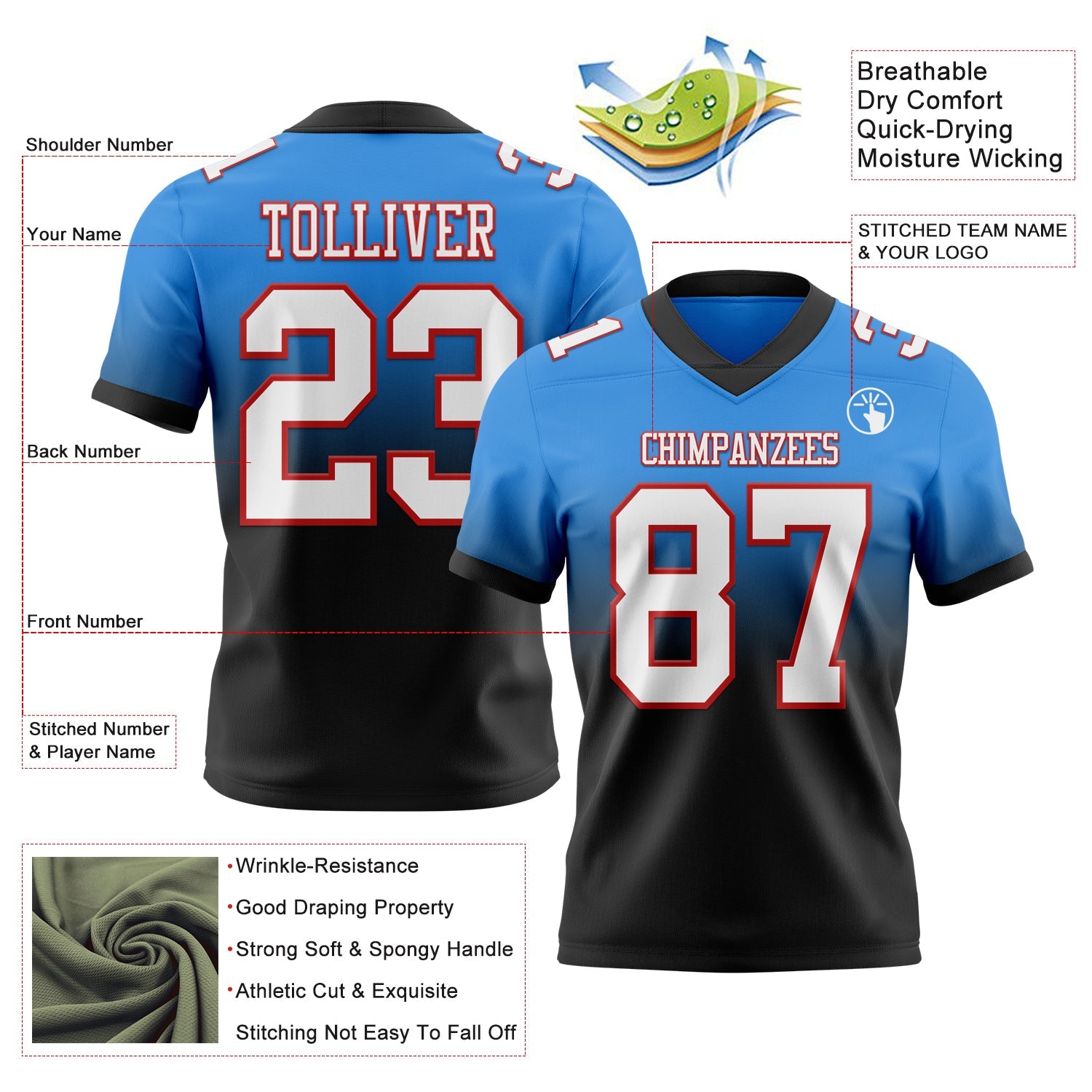 Custom Powder Blue White Black-Red Authentic Fade Fashion Football Jersey