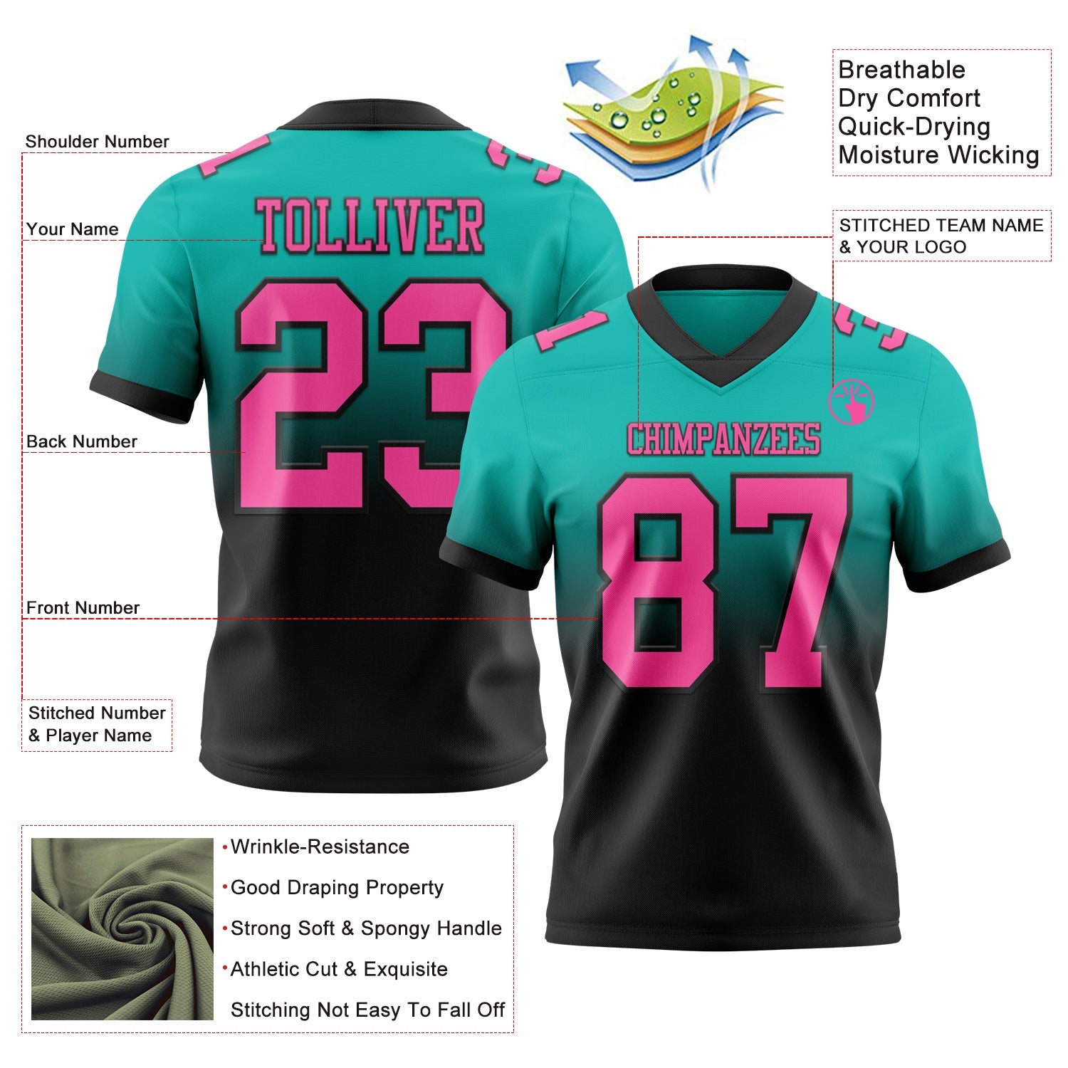 Custom Aqua Pink-Black Authentic Fade Fashion Football Jersey