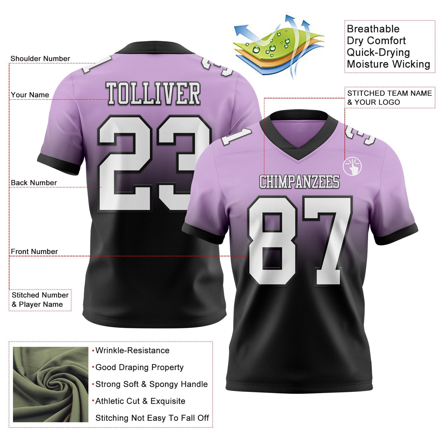 Custom Light Purple White-Black Authentic Fade Fashion Football Jersey