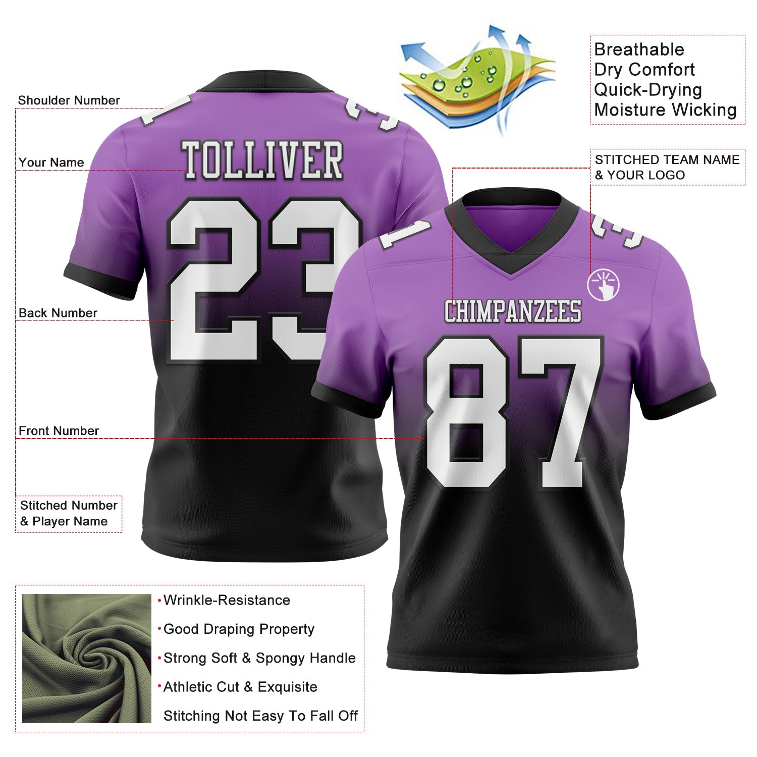 Custom Medium Purple White-Black Authentic Fade Fashion Football Jersey