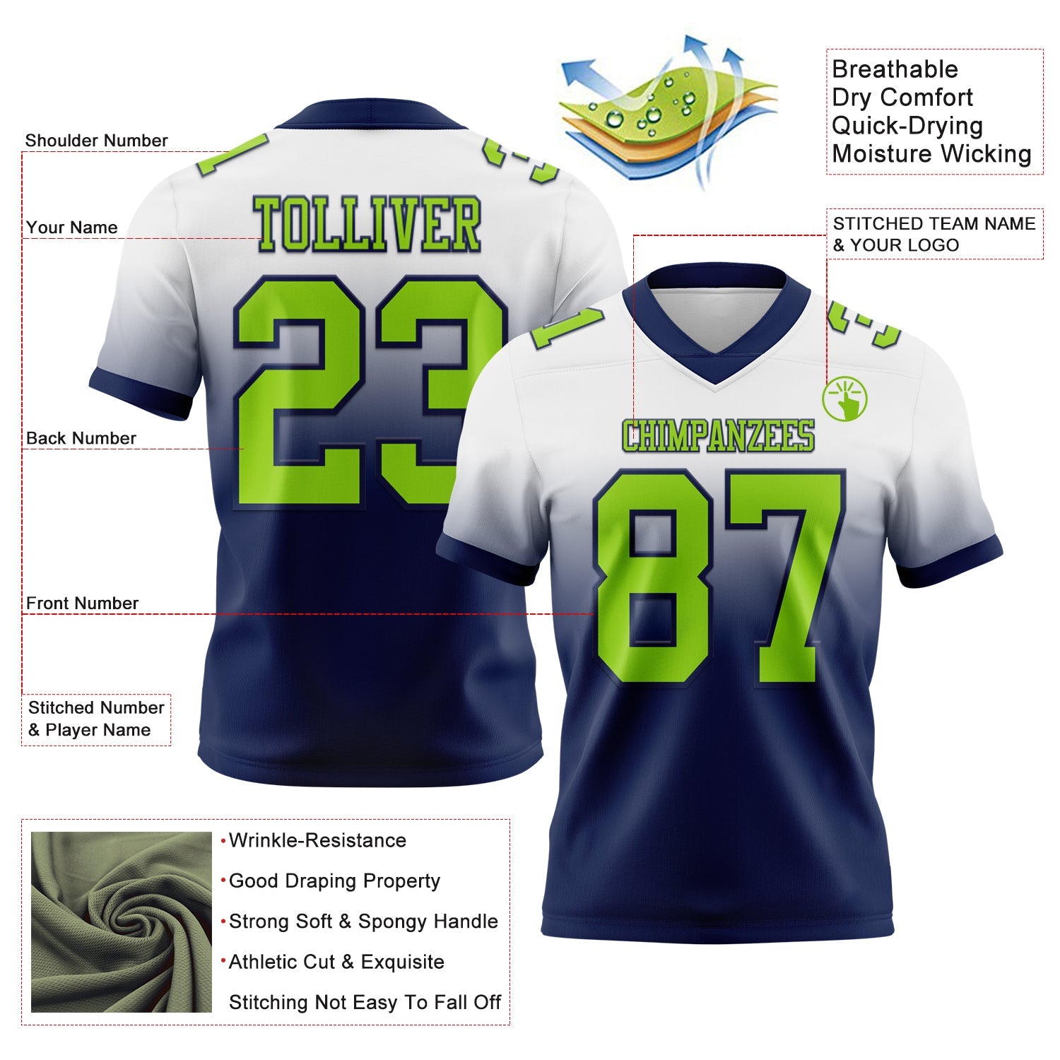 Custom White Neon Green-Navy Authentic Fade Fashion Football Jersey