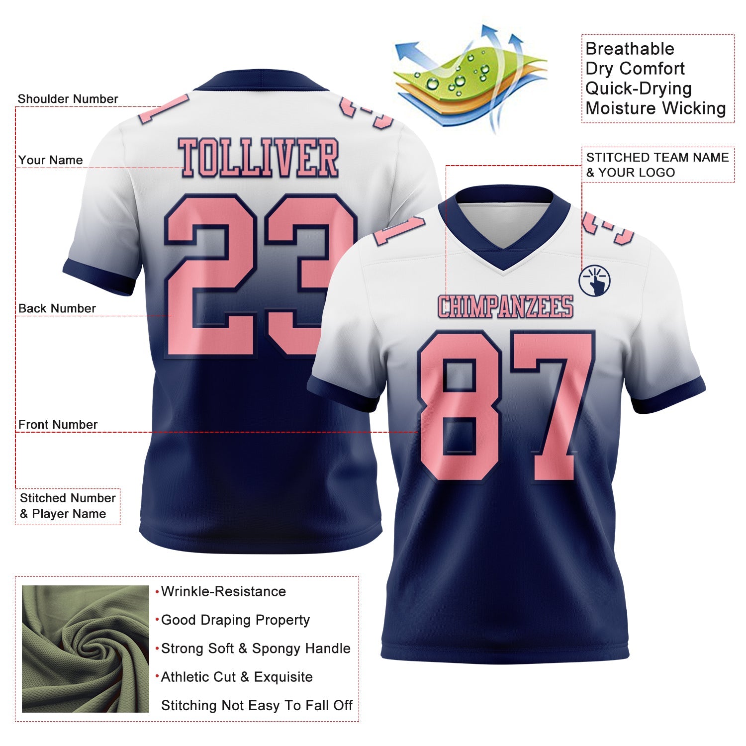 Custom White Medium Pink-Navy Authentic Fade Fashion Football Jersey