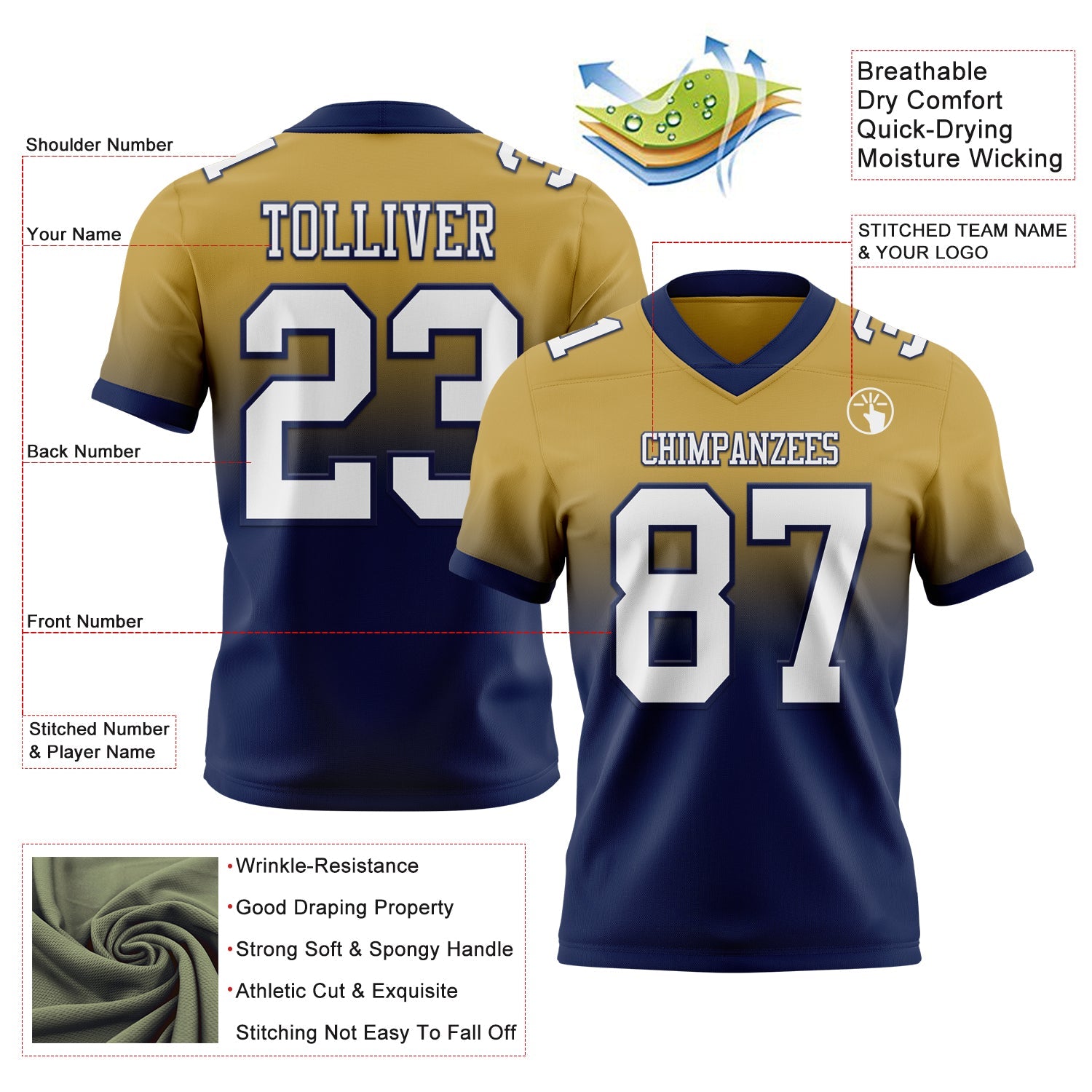Custom Old Gold White-Navy Authentic Fade Fashion Football Jersey
