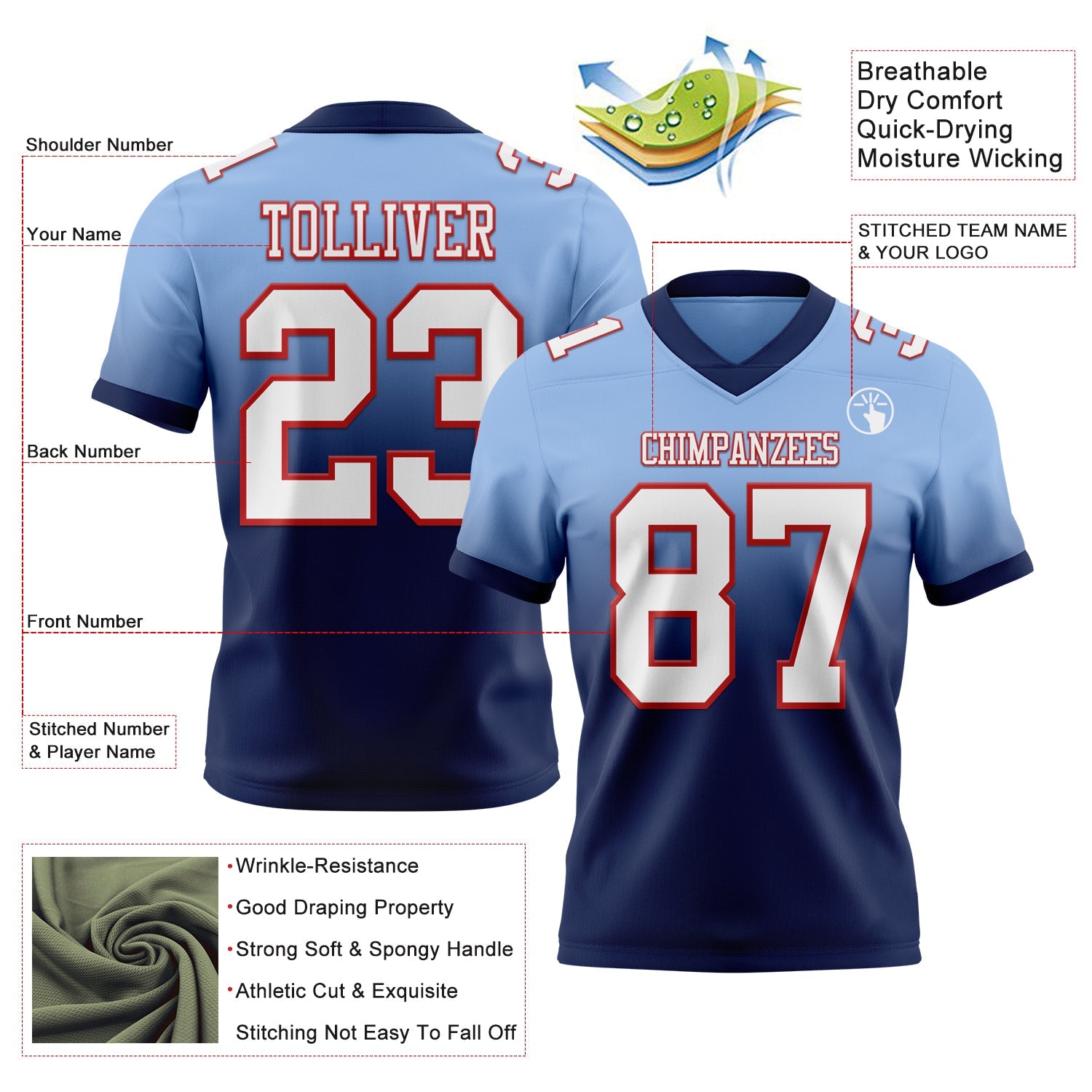 Custom Light Blue White Navy-Red Authentic Fade Fashion Football Jersey