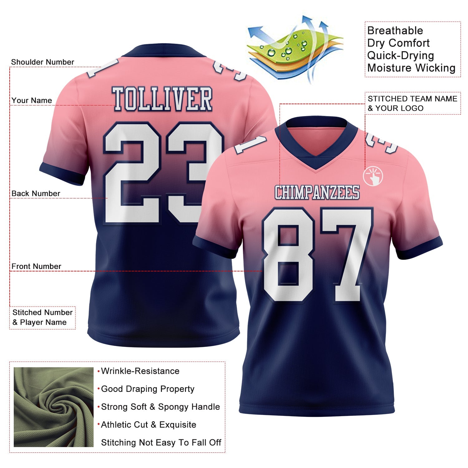 Custom Medium Pink White-Navy Authentic Fade Fashion Football Jersey