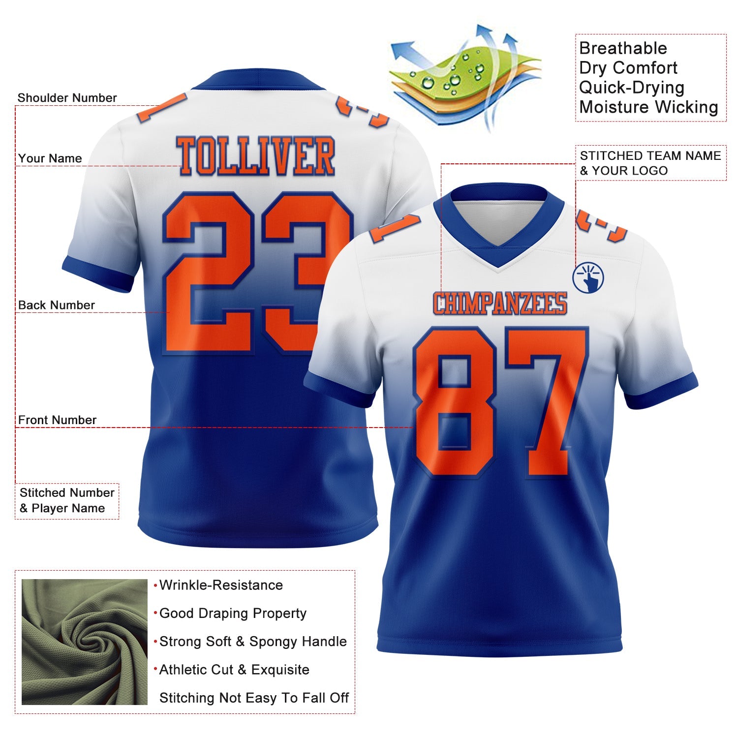 Custom White Orange-Royal Authentic Fade Fashion Football Jersey