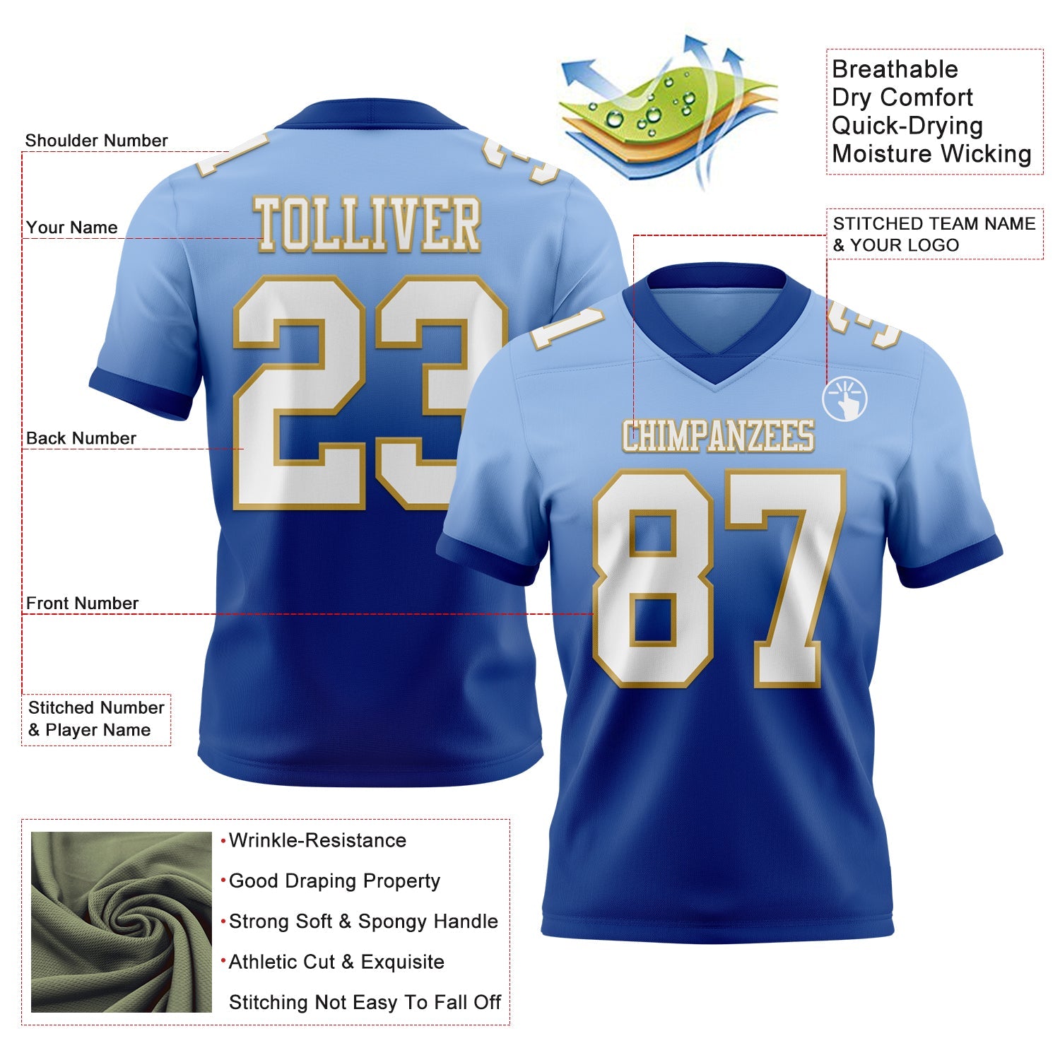 Custom Light Blue White Royal-Old Gold Authentic Fade Fashion Football Jersey
