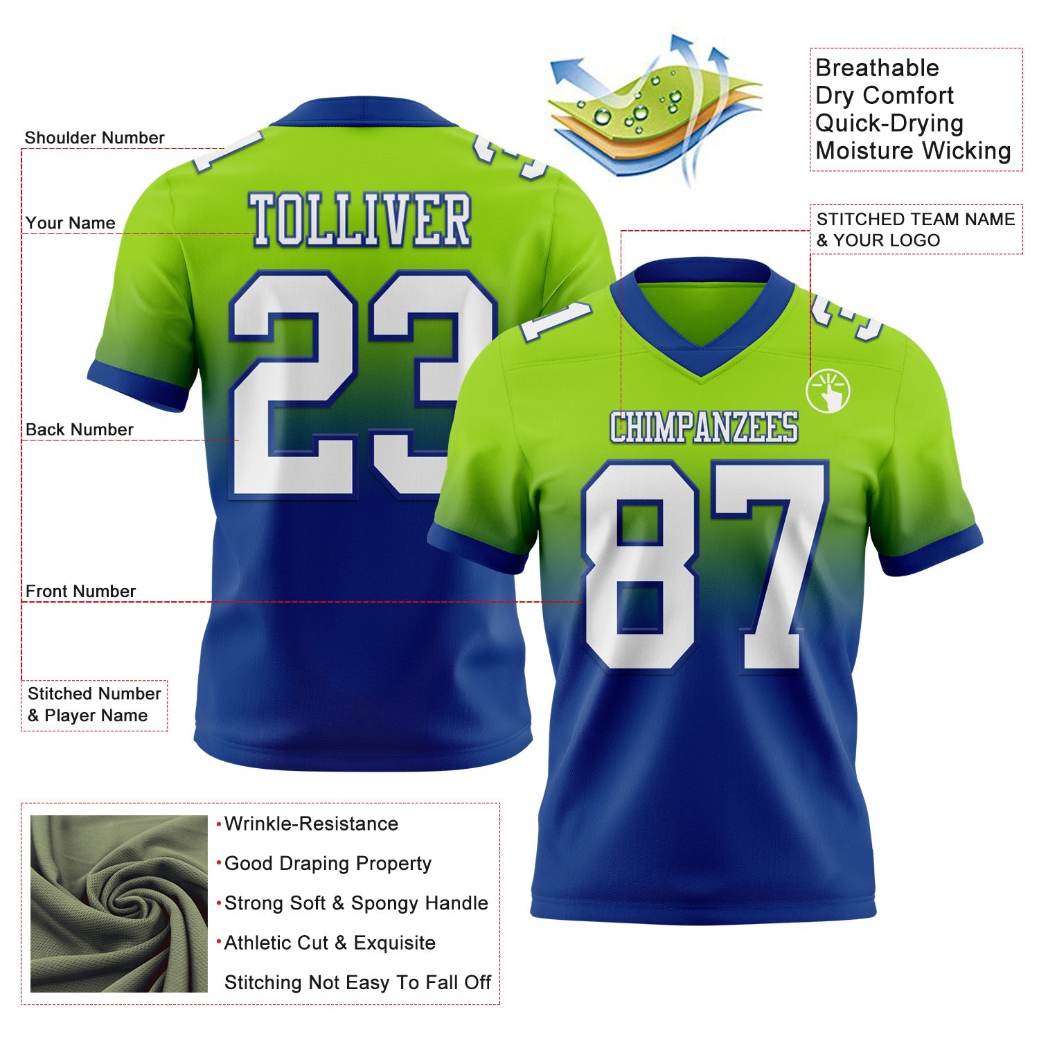 Custom Neon Green White-Royal Authentic Fade Fashion Football Jersey