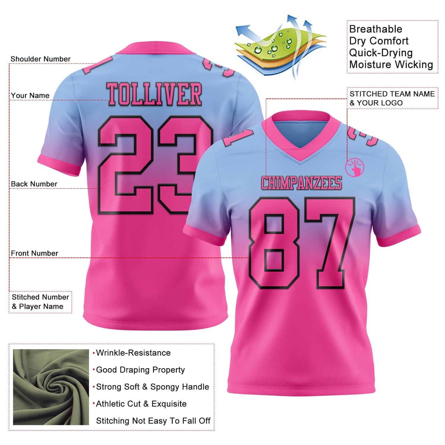 Custom Light Blue Pink-Black Authentic Fade Fashion Football Jersey