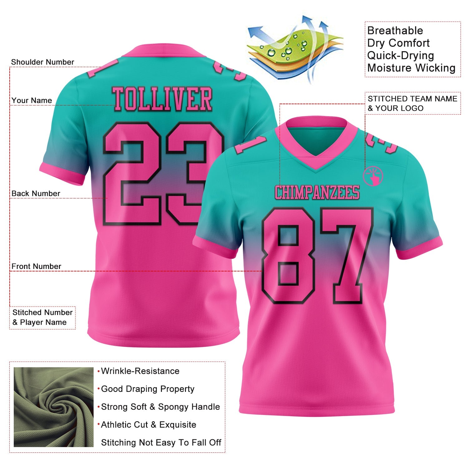 Custom Aqua Pink-Black Authentic Fade Fashion Football Jersey