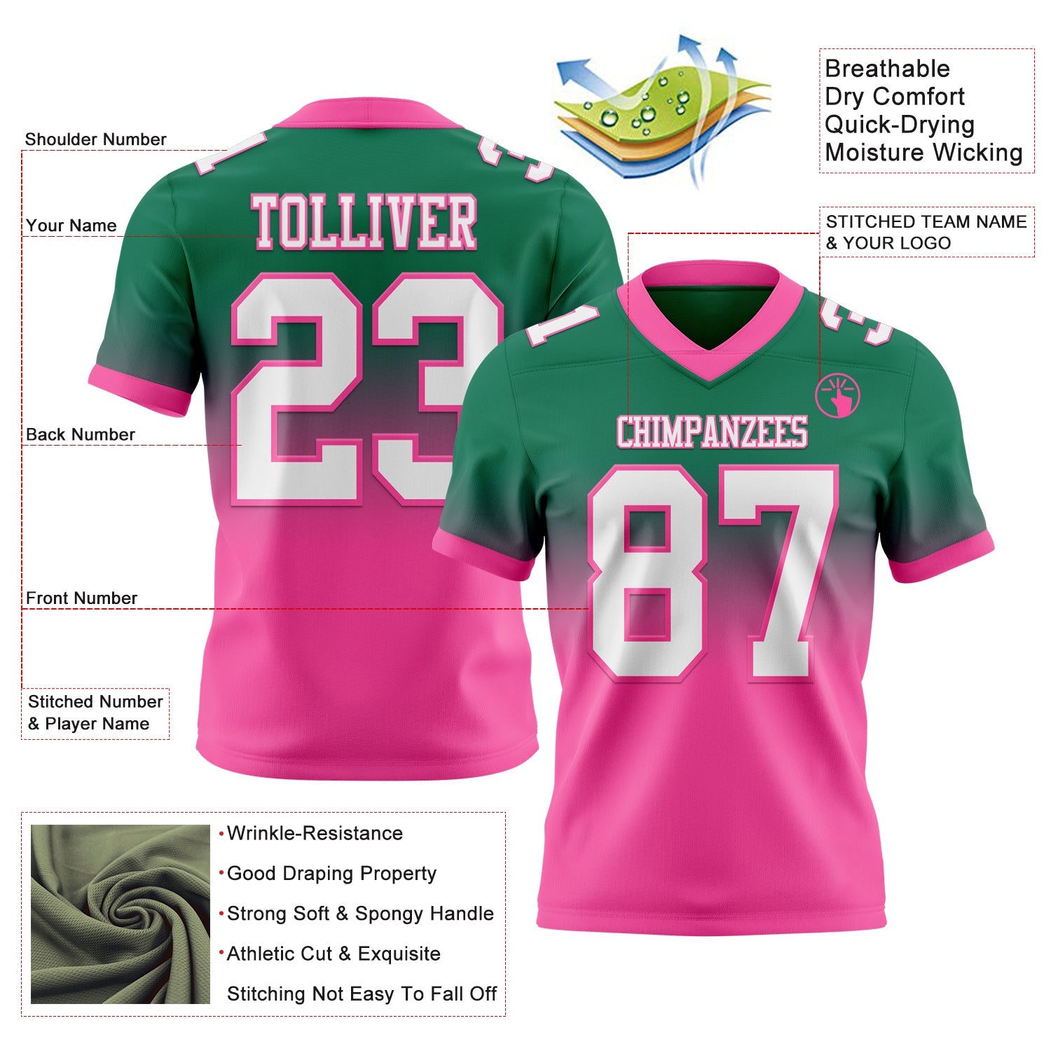 Custom Kelly Green White-Pink Authentic Fade Fashion Football Jersey