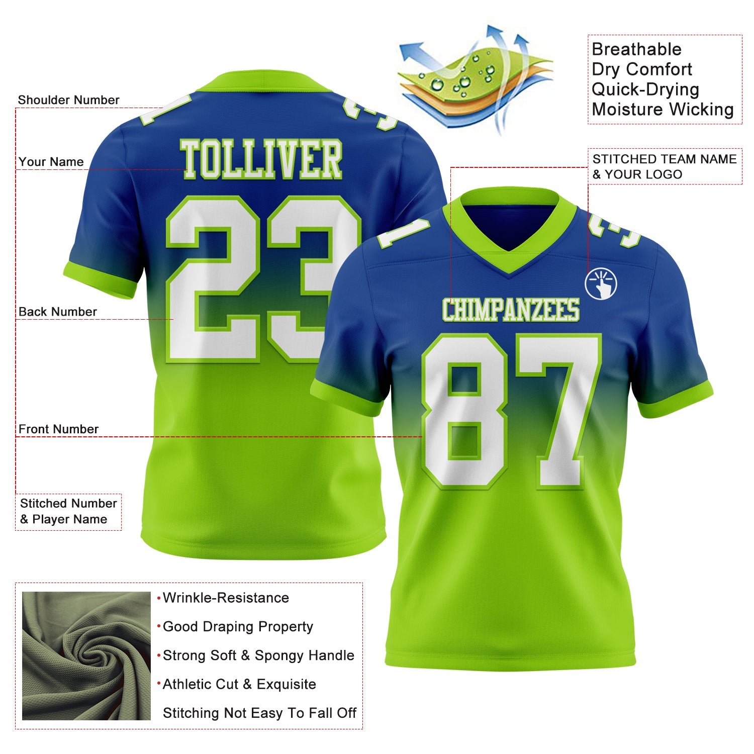 Custom Royal White-Neon Green Authentic Fade Fashion Football Jersey
