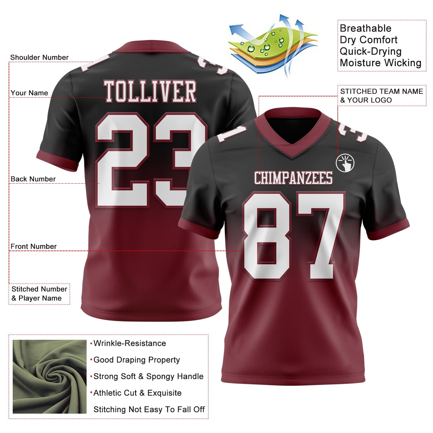 Custom Black White-Burgundy Authentic Fade Fashion Football Jersey