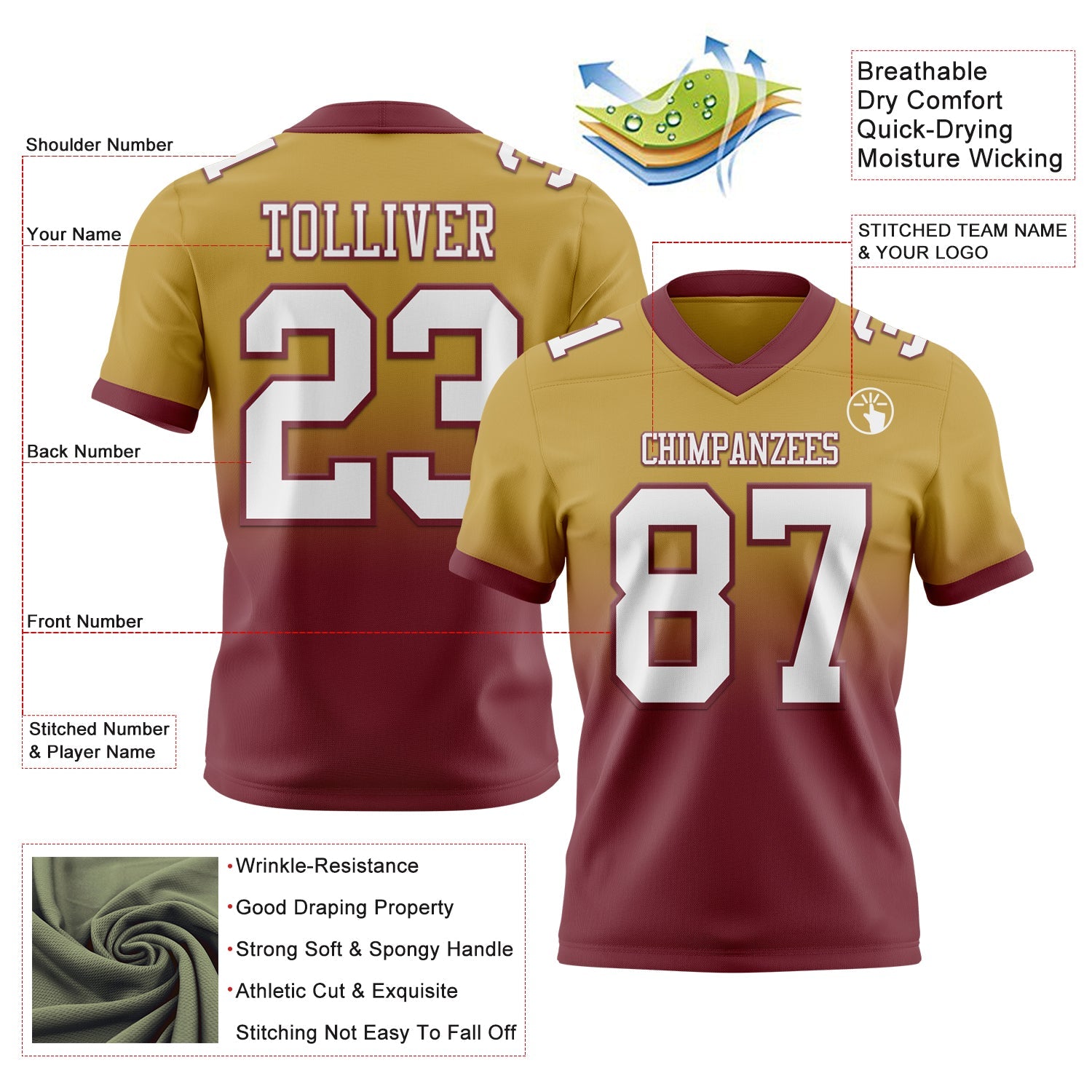 Custom Old Gold White-Burgundy Authentic Fade Fashion Football Jersey