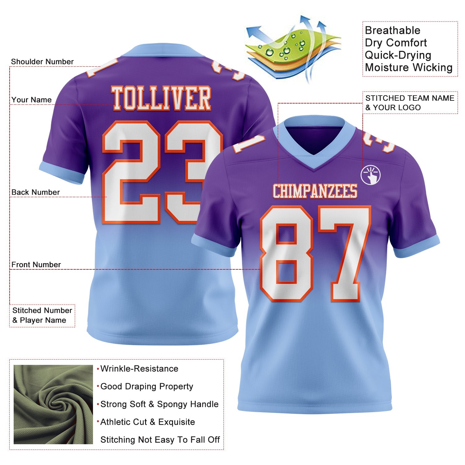 Custom Purple White Light Blue-Orange Authentic Fade Fashion Football Jersey