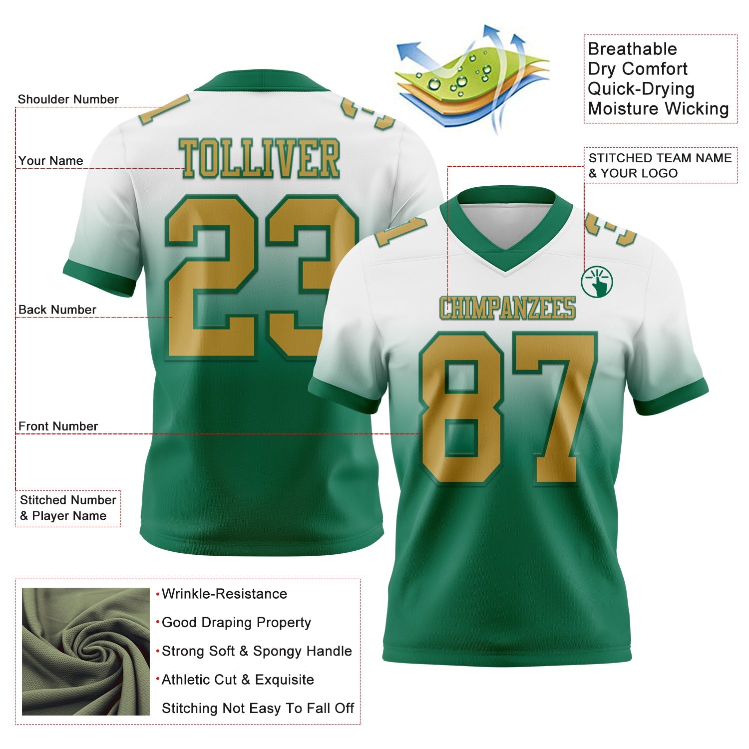 Custom White Old Gold-Kelly Green Authentic Fade Fashion Football Jersey