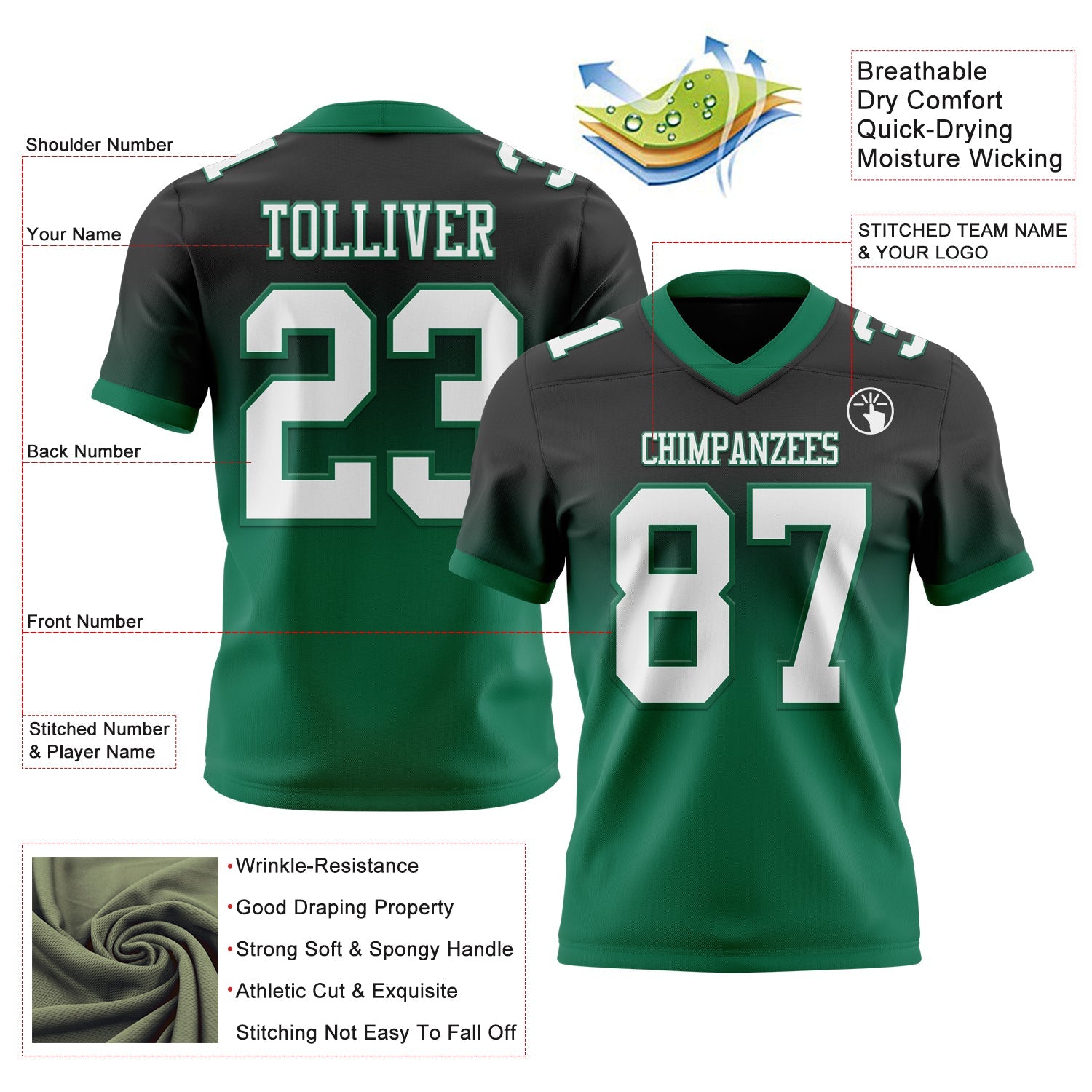 Custom Black White-Kelly Green Authentic Fade Fashion Football Jersey