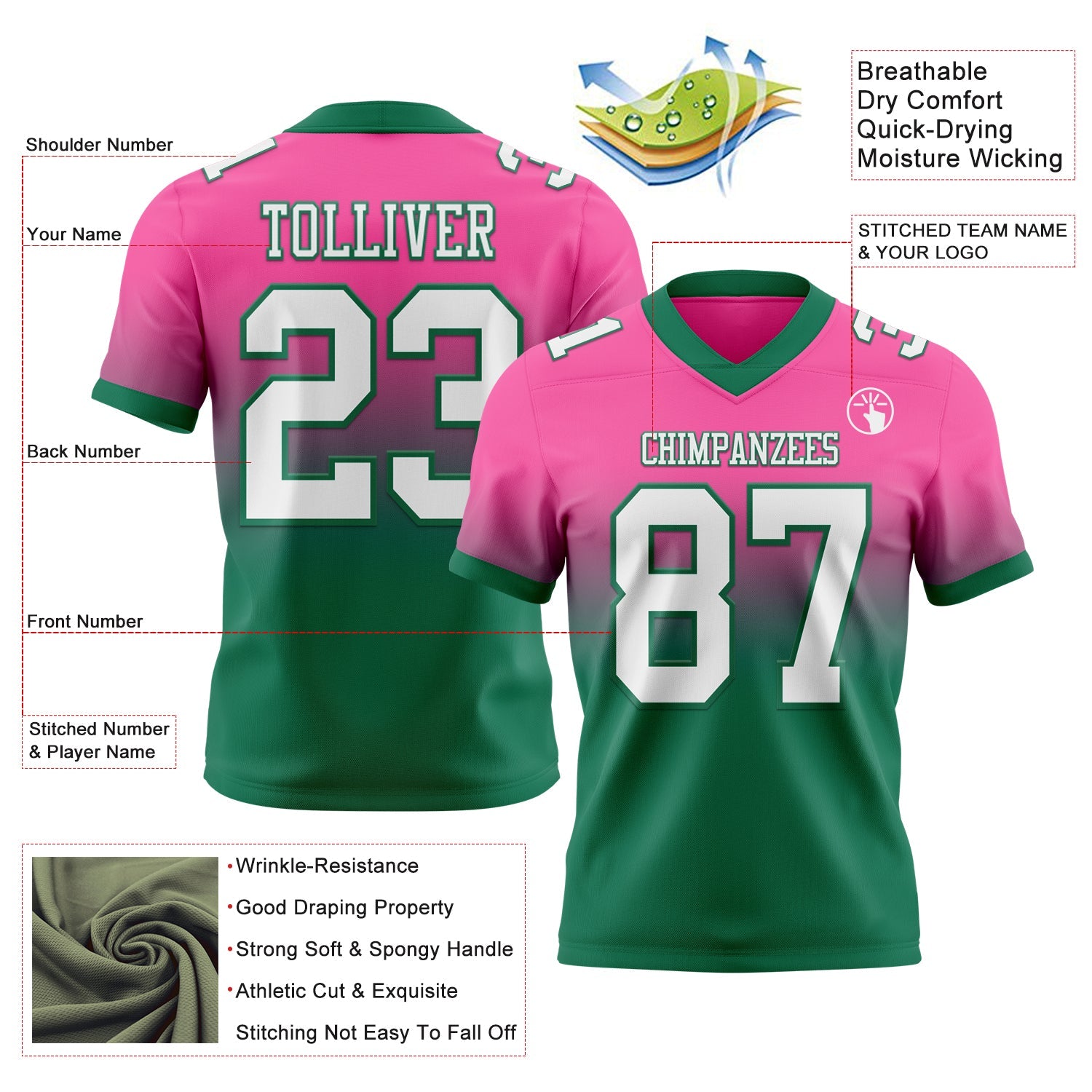 Custom Pink White-Kelly Green Authentic Fade Fashion Football Jersey
