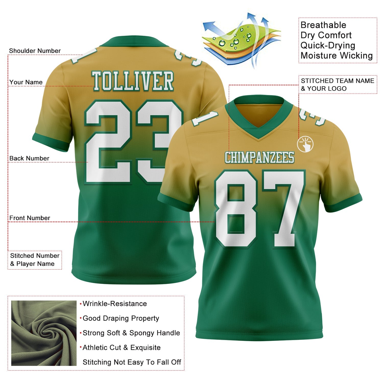 Custom Old Gold White-Kelly Green Authentic Fade Fashion Football Jersey