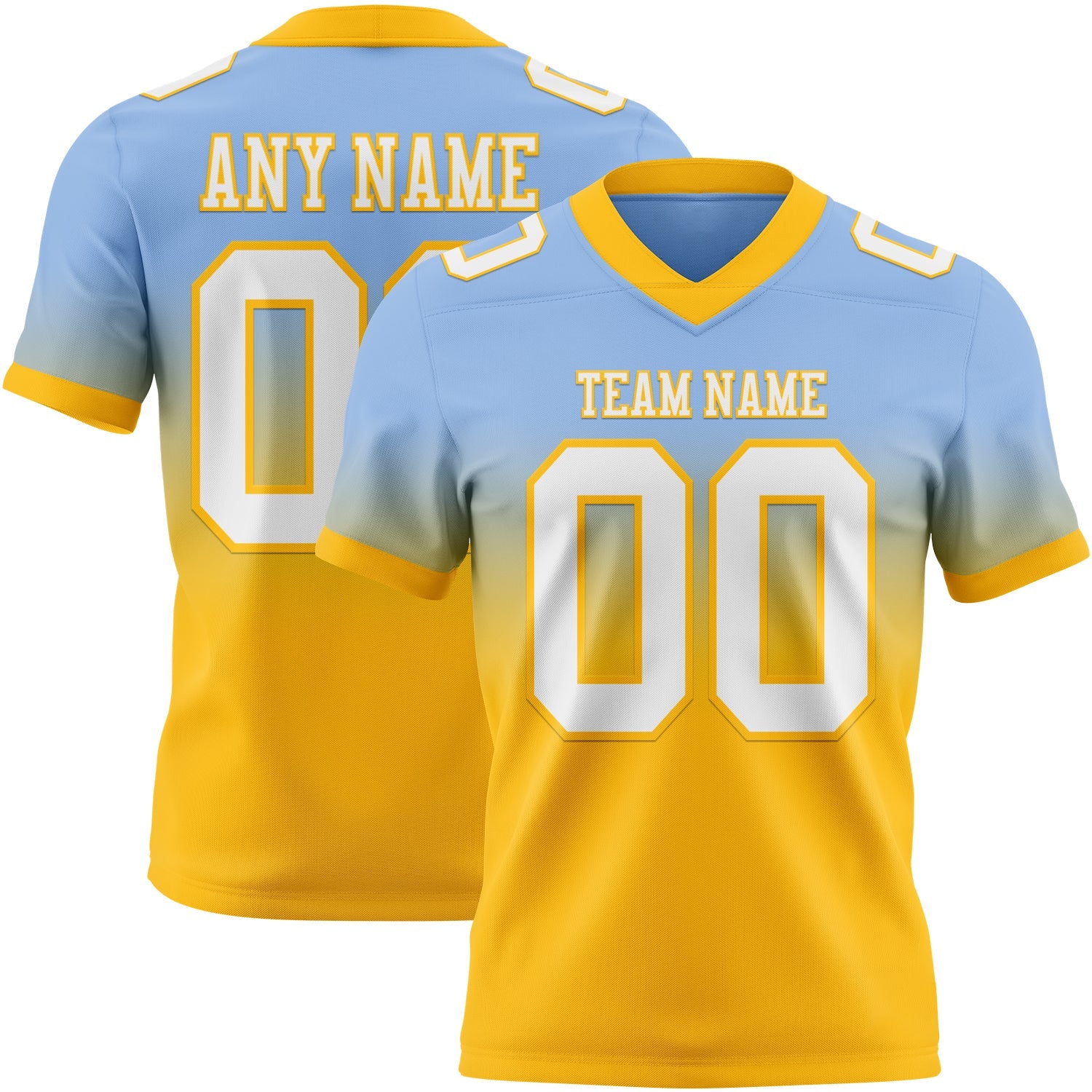 Custom Light Blue White-Gold Authentic Fade Fashion Football Jersey
