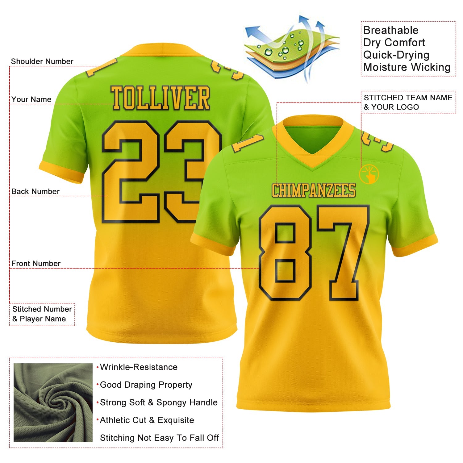 Custom Neon Green Gold-Black Authentic Fade Fashion Football Jersey