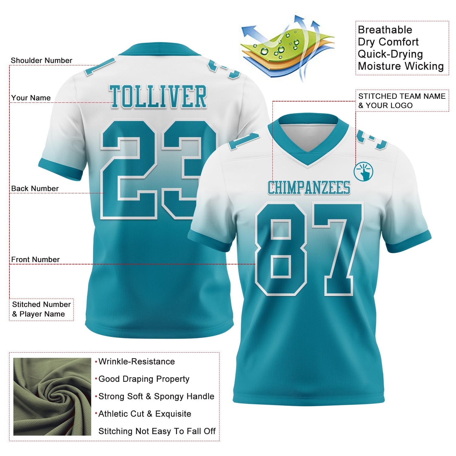 Custom White Teal Authentic Fade Fashion Football Jersey